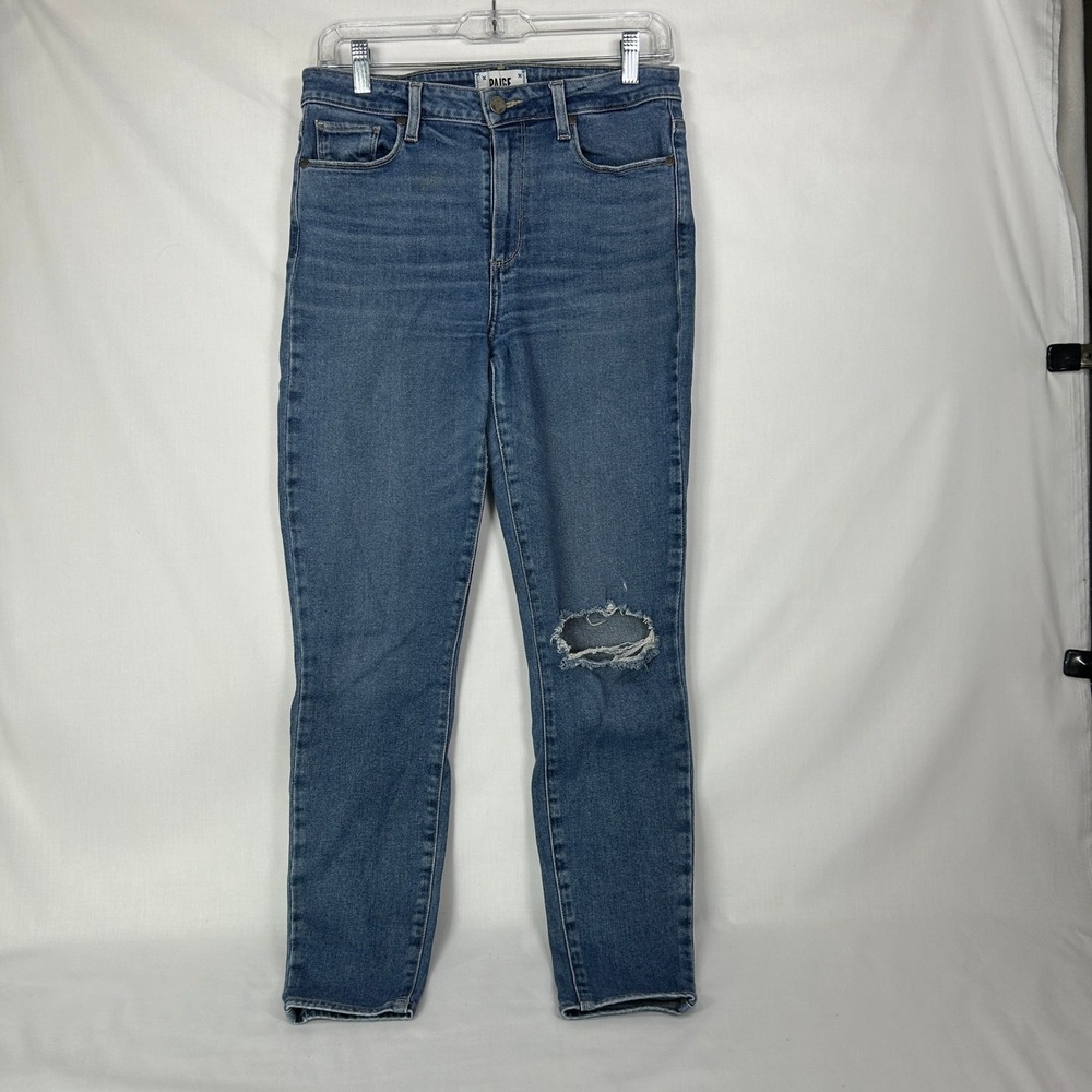 PAIGE Hoxton High-Rise Skinny Jeans in Medium Wash – Distressed Knee – Size 30